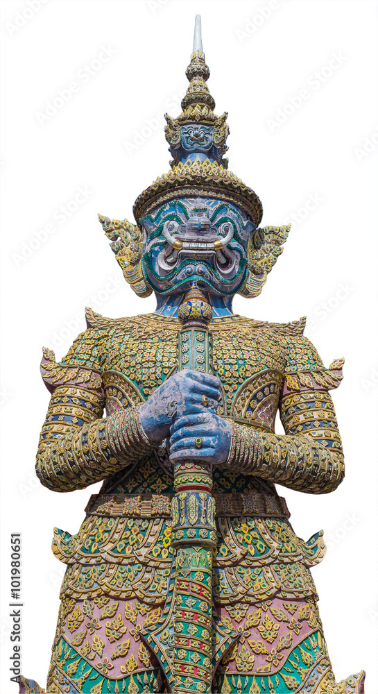 Fototapeta premium Guardian Wat Phra Kaew Grand Palace Bangkok with isolate, clippi
