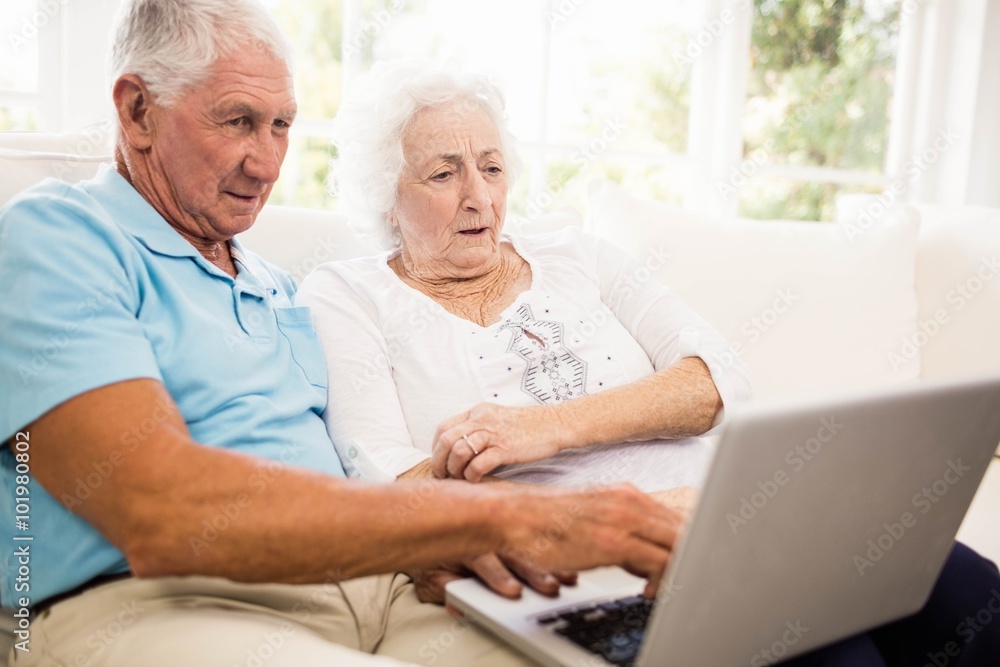 Focused senior couple using laptop