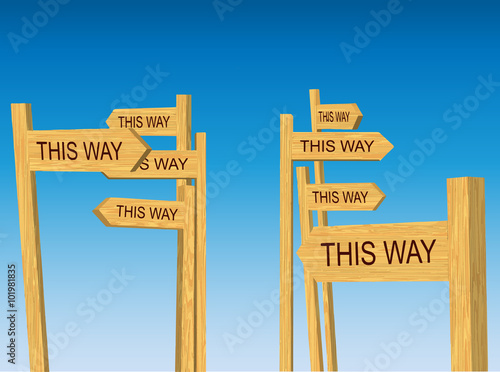 An illustration of confusing "this way" directional signs pointing to different or opposing directions.