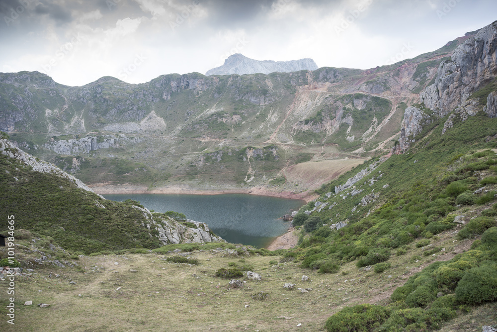 Views of Lago de la Cueva (Lake of the Cave) in Saliencia Valley, Somiedo Nature Reserve. It is located in the central area of the Cantabrian Mountains, Asturias, Spain
