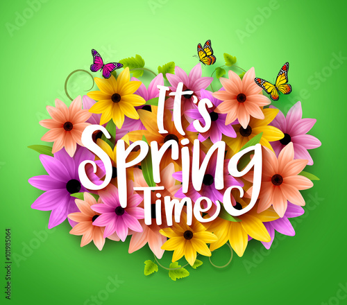Spring Time Poster Design in Realistic 3D Colorful Vector Flowers Background with Vines for Spring Season. Vector Illustration
