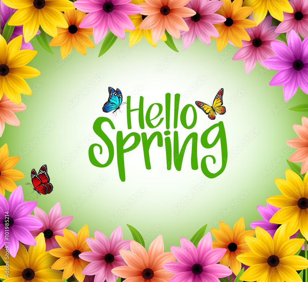 Colorful Flowers Background Frame for Spring Season in Realistic 3D Vector Illustration with Hello Spring Text
