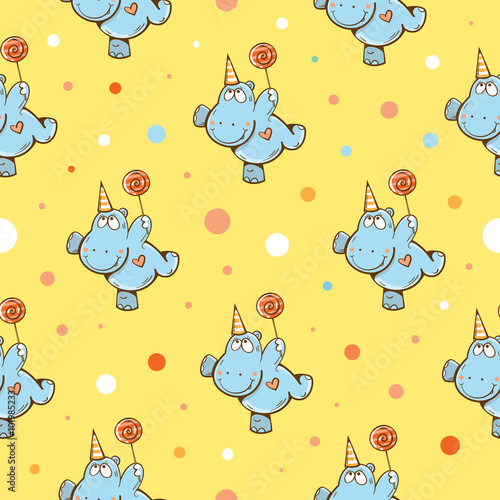 Vector birthday seamless pattern with cartoon funny hippos, candies and confetti on yellow background.