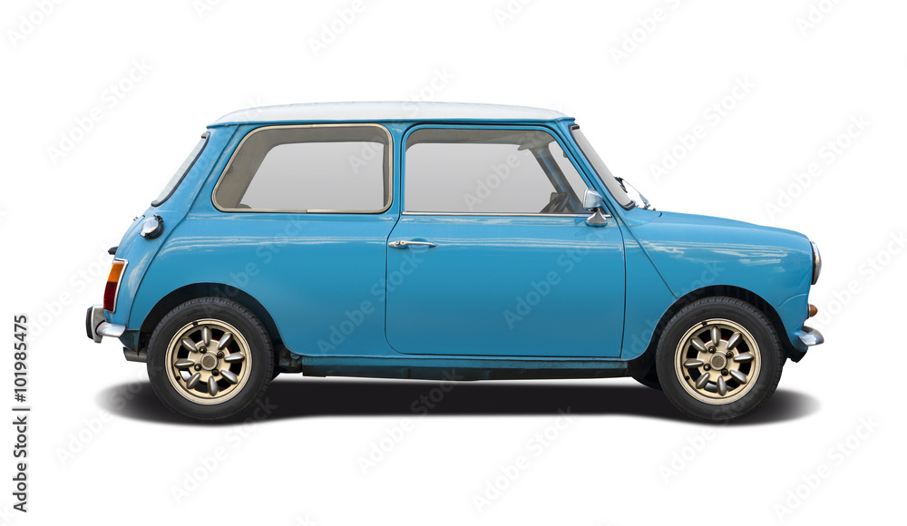 Classic British mini car isolated on white - obrazy, fototapety, plakaty 