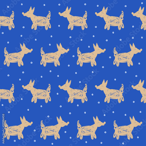 Doodle abstract dogs and snowflakes seamless pattern background.