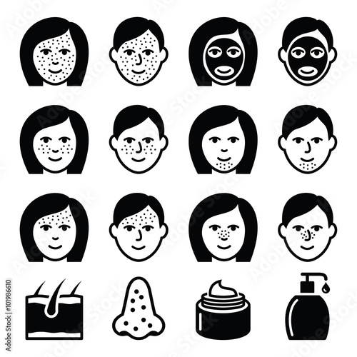 Skin problems - acne, spots treatment icons set 
