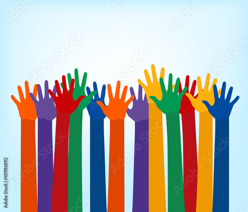 abstract vector illustration with raising multi color hands