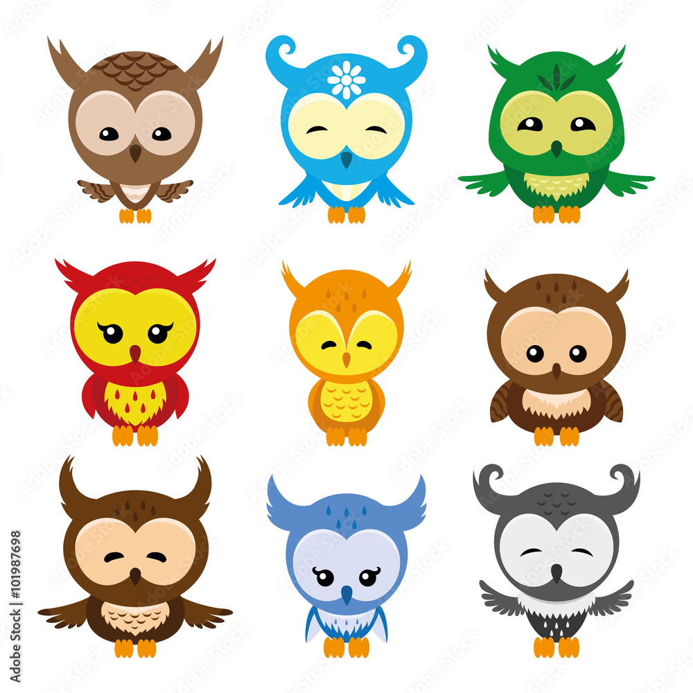 Obraz premium Cute colorful owls on a white background.