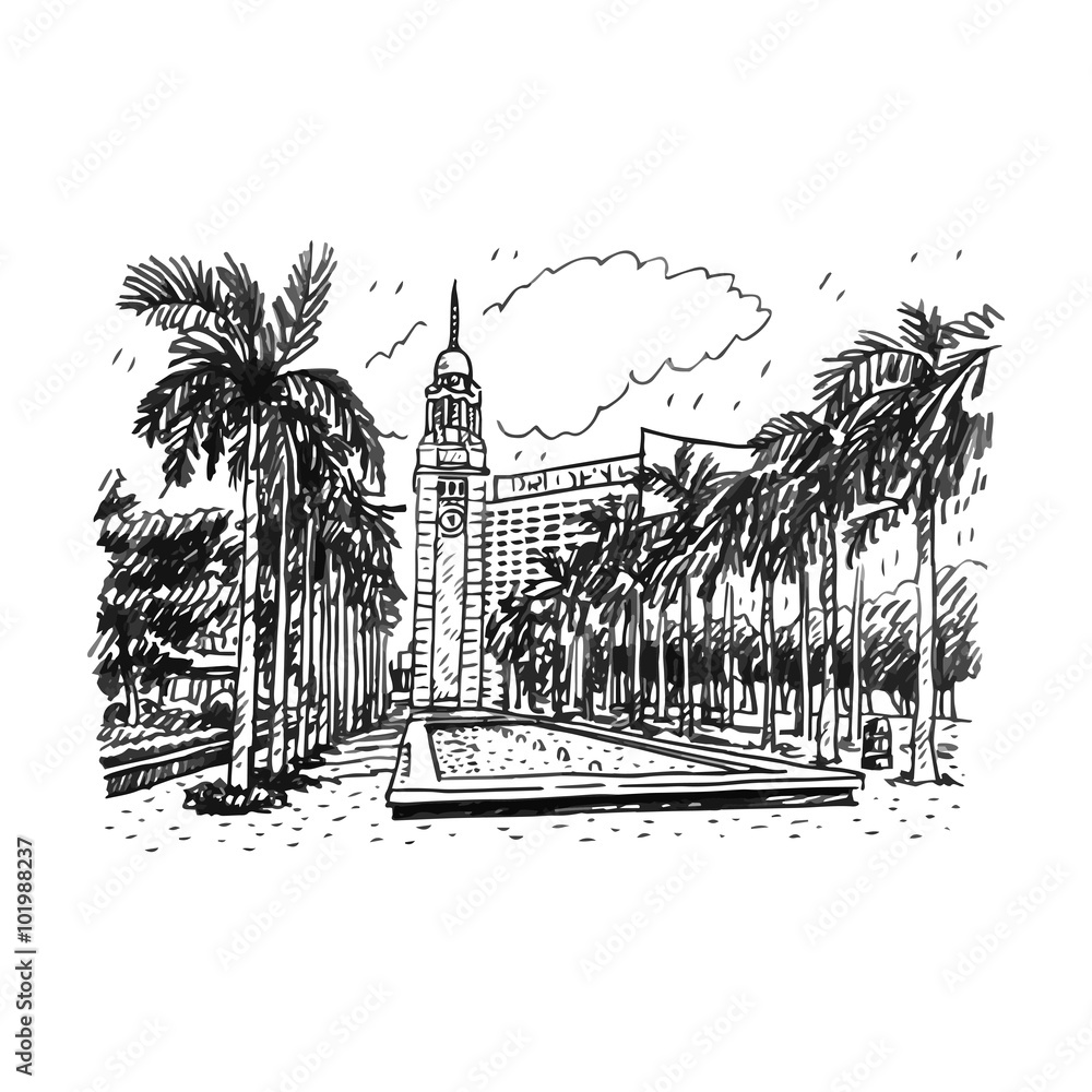 Fotografie Clock Tower in Hong Kong. Vector hand drawn sketch.