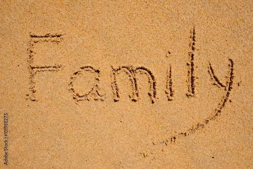 Family written on sand beach