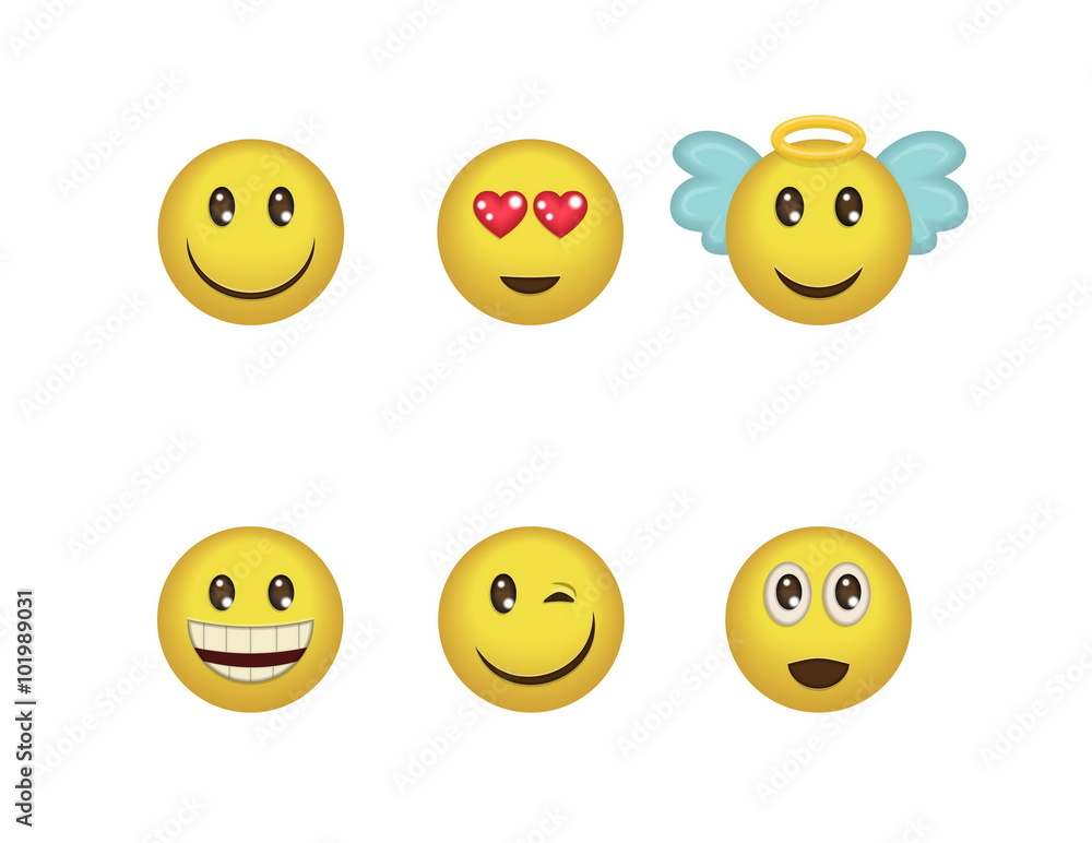 A set of fun positive emoticon expressions. Smile, wink, angel, surprised, in love, laugh smileys included. A set of fun positive emoticon expressions. Smile, wink, angel, surprised, in love, laugh smileys included.