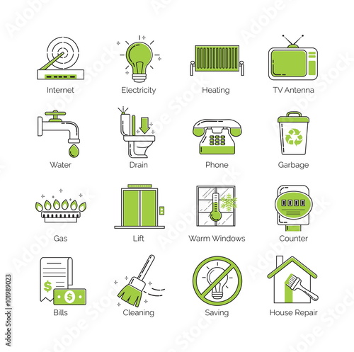 A set of modern thin line with green coloring public utility, housing facilities, communal housing services vector icons.