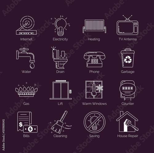 A set of modern thin line white public utility, housing facilities, communal housing services vector icons.