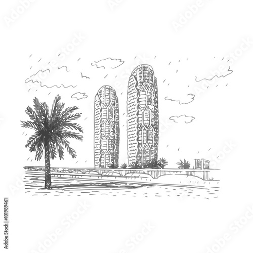 Al Bahr Towers in the city of Abu Dhabi, United Arab Emirates. Vector hand drawn sketch