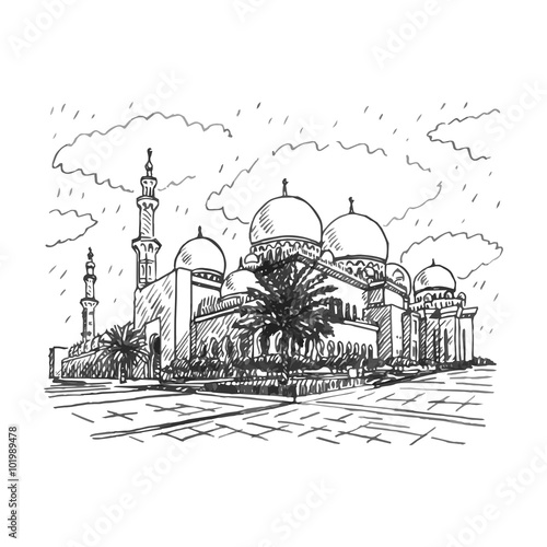 Sheikh Zayed Grand Mosque in Abu Dhabi, United Arab Emirates. Vector hand drawn sketch