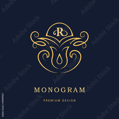 Luxury Logo template flourishes calligraphic elegant ornament lines. Vintage frame template. Letter emblem R. Restaurant, Royalty, Boutique, Hotel, Heraldic, Jewelry identity. Vector illustration
