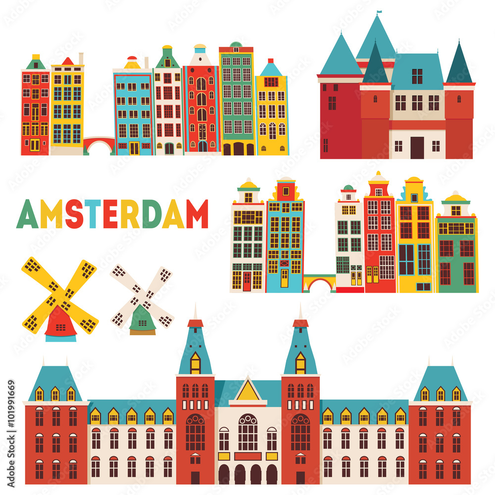 Amsterdam detailed famous monuments. Vector illustration