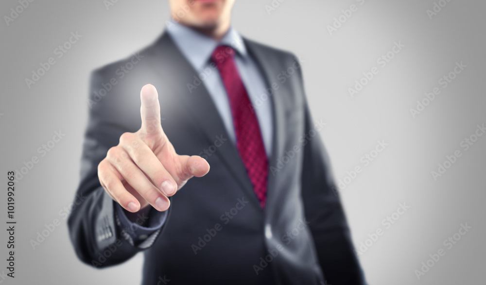 Man touching virtual screen Man touching virtual screen