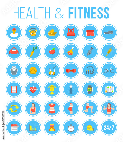 Fitness gym and healthy lifestyle flat vector icons. Diet nutrition, shaping workout, fitness gear, personal trainer, sport clothes infographic elements. Exercises for different muscles of female body
