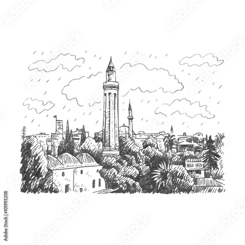 Grooved Minaret (Yivli Minare), Kaleici, Antalya, Turkey. Vector freehand pencil sketch. © lo0kus