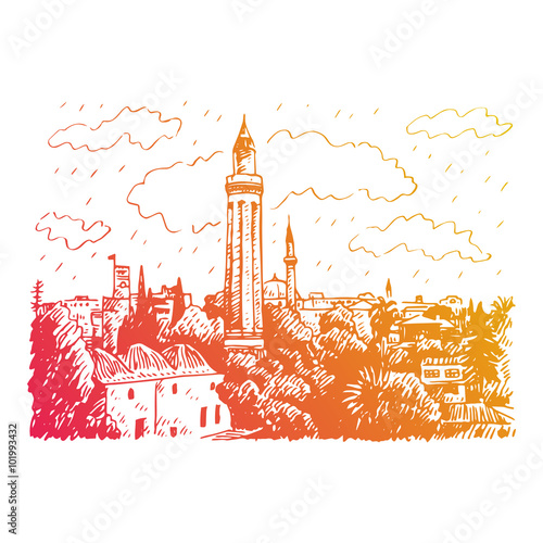 Grooved Minaret (Yivli Minare), Kaleici, Antalya, Turkey. Vector freehand pencil sketch.