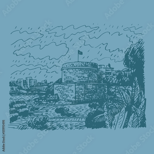 Hidirlik Tower, the historic town of Antalya, Turkey. Vector freehand pencil sketch.