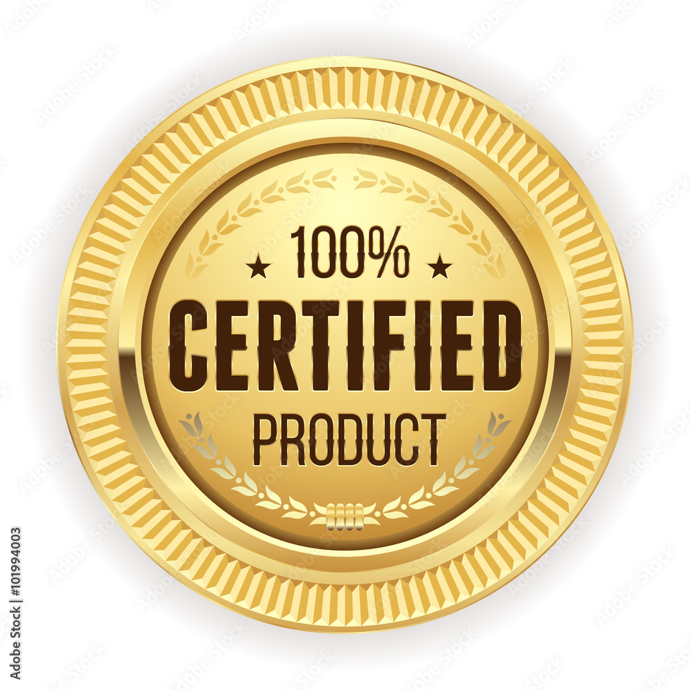 Gold certified product badge on white background