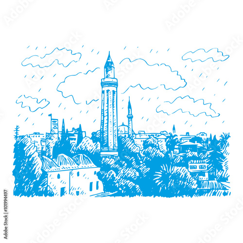 Grooved Minaret (Yivli Minare), Kaleici, Antalya, Turkey. Vector freehand pencil sketch.