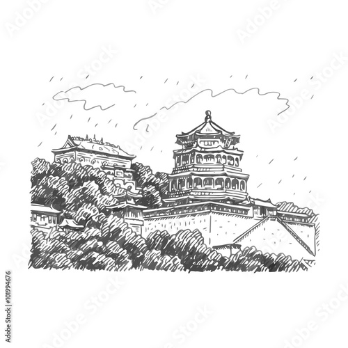 The Summer Palace in Beijing, China. Vector freehand pencil sketch.