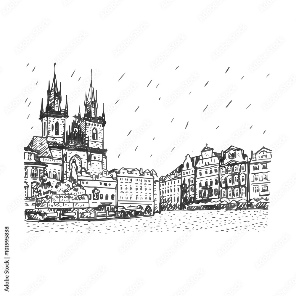 Old town square in Prague, Czech Republic. Church of Our Lady before Tyn and monument of Jan Hus. Vector hand drawn sketch.
