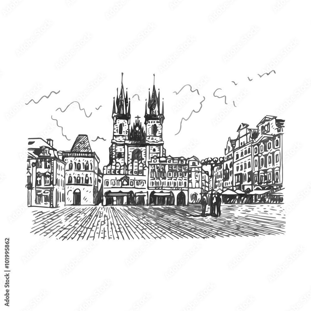 Old Town Square in Prague, Czech Republic. Vector hand drawn sketch.