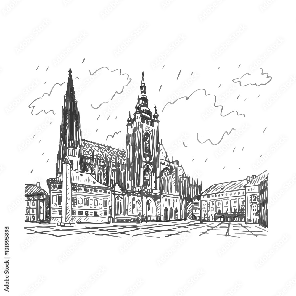 St. Vitus Cathedral in Prague, Czech Republic. Vector hand drawn sketch.