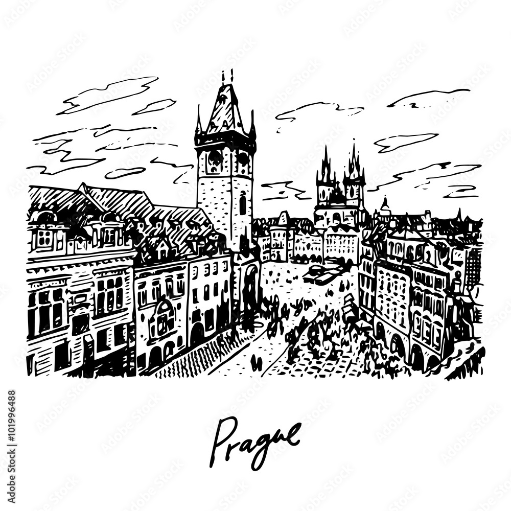 View of the Old Town Hall and square in Prague, Czech Republic. Vector hand drawn sketch. View of the Old Town Hall and square in Prague, Czech Republic. Vector hand drawn sketch.