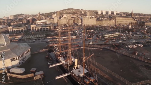 Cinematic aerial shot of the Discovery ship in Dundee in which Captain Scott sailed to the Antarctic
