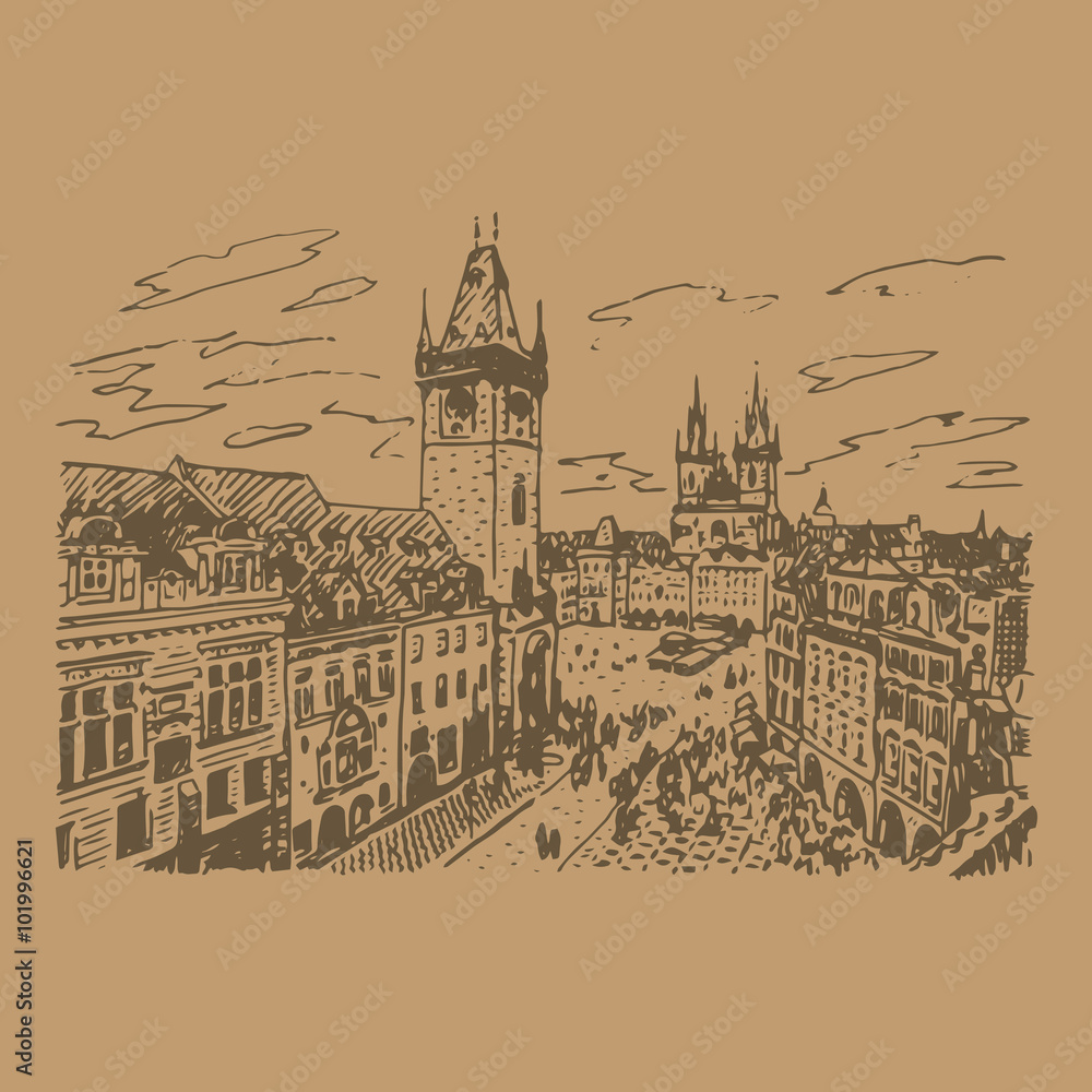 View of the Old Town Hall and square in Prague, Czech Republic. Vector hand drawn sketch. View of the Old Town Hall and square in Prague, Czech Republic. Vector hand drawn sketch.