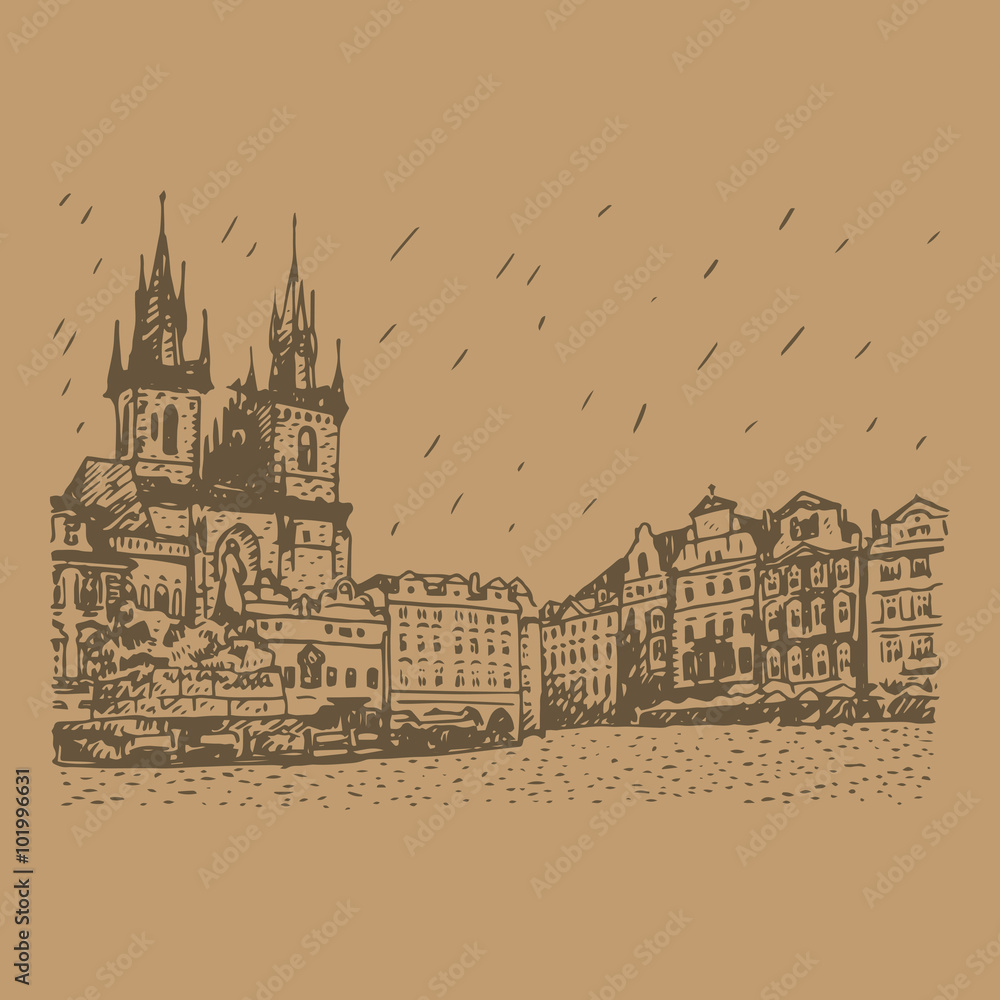 Old town square in Prague, Czech Republic. Church of Our Lady before Tyn and monument of Jan Hus. Vector hand drawn sketch.