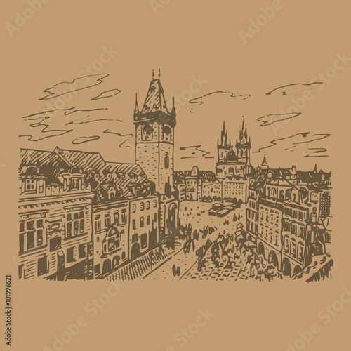 View of the Old Town Hall and square in Prague  Czech Republic. Vector hand drawn sketch.