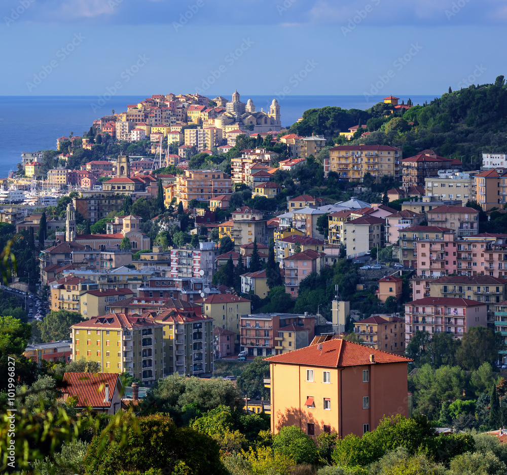 Panoramic view of the old town of Imperia on italian Riviera, Li