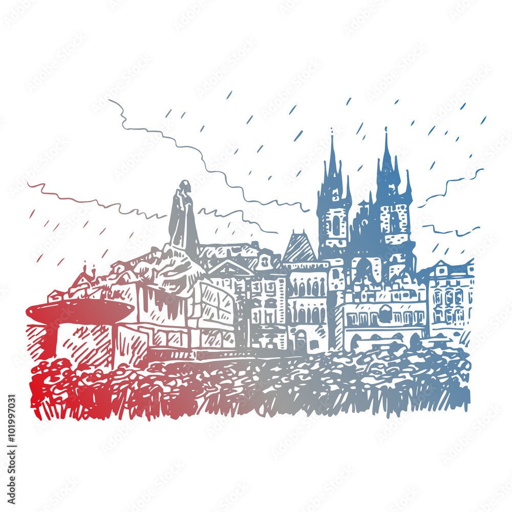Monument of Jan Hus and Tyn Cathedral of the Virgin Mary. Old town square in Prague, Czech Republic. Vector hand drawn sketch.
