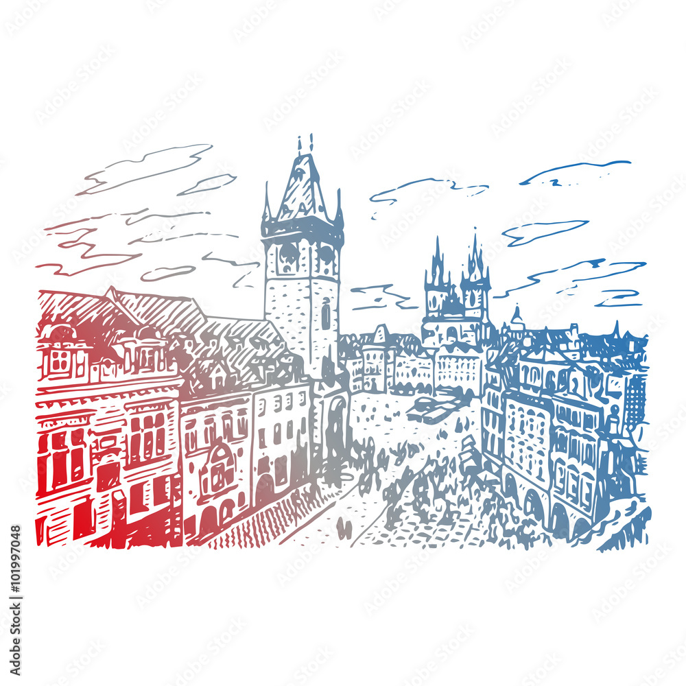 View of the Old Town Hall and square in Prague, Czech Republic. Vector hand drawn sketch.