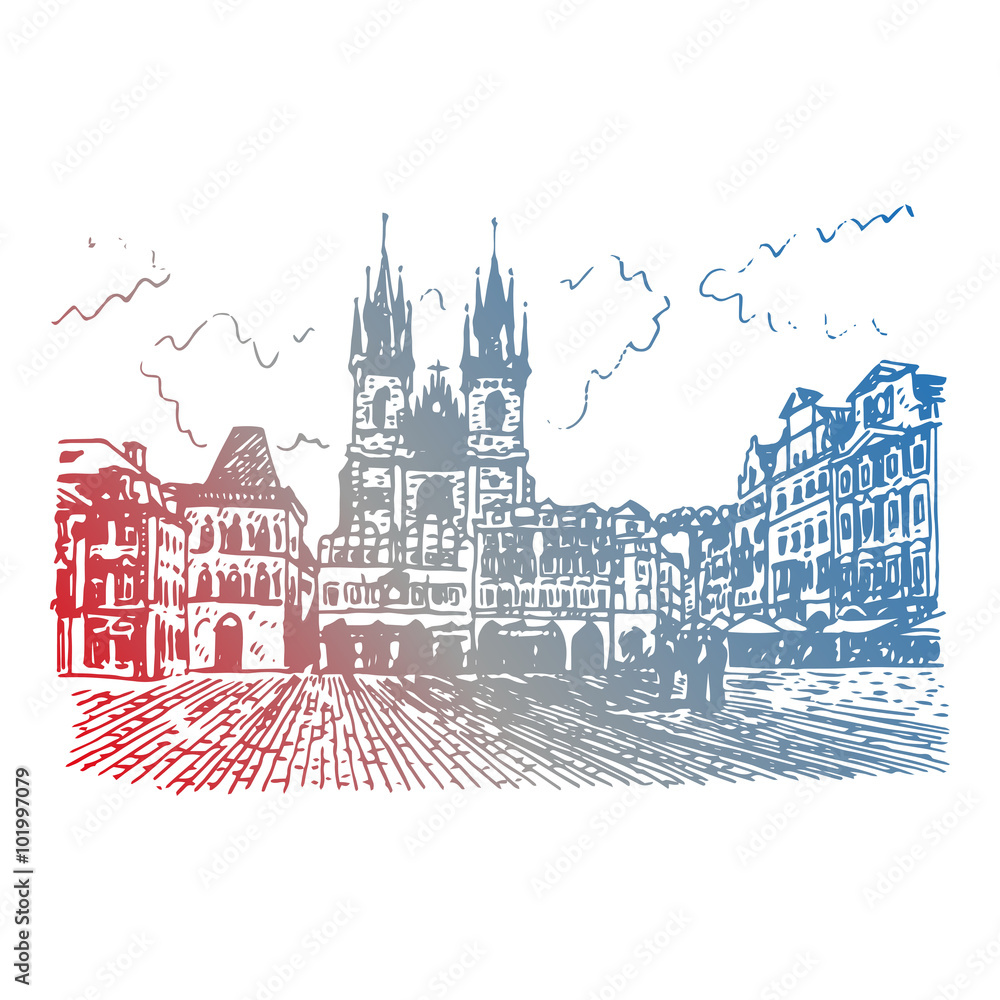 Old Town Square in Prague, Czech Republic. Vector hand drawn sketch.