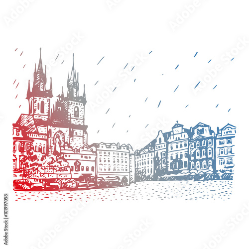 Old town square in Prague, Czech Republic. Church of Our Lady before Tyn and monument of Jan Hus. Vector hand drawn sketch.