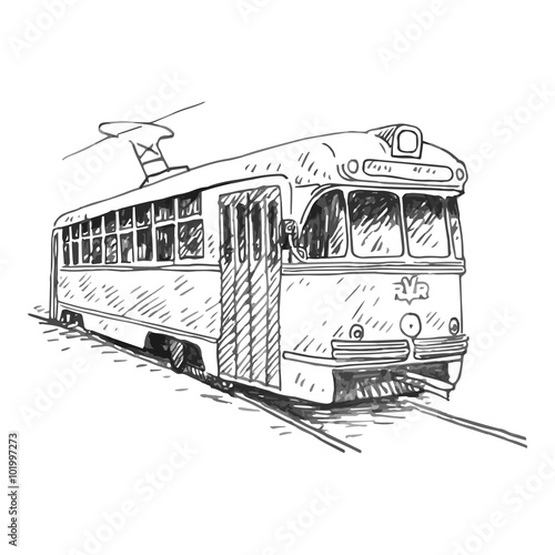 Retro tram. Picture of vintage transport. Old times. Vector hand drawn sketch.