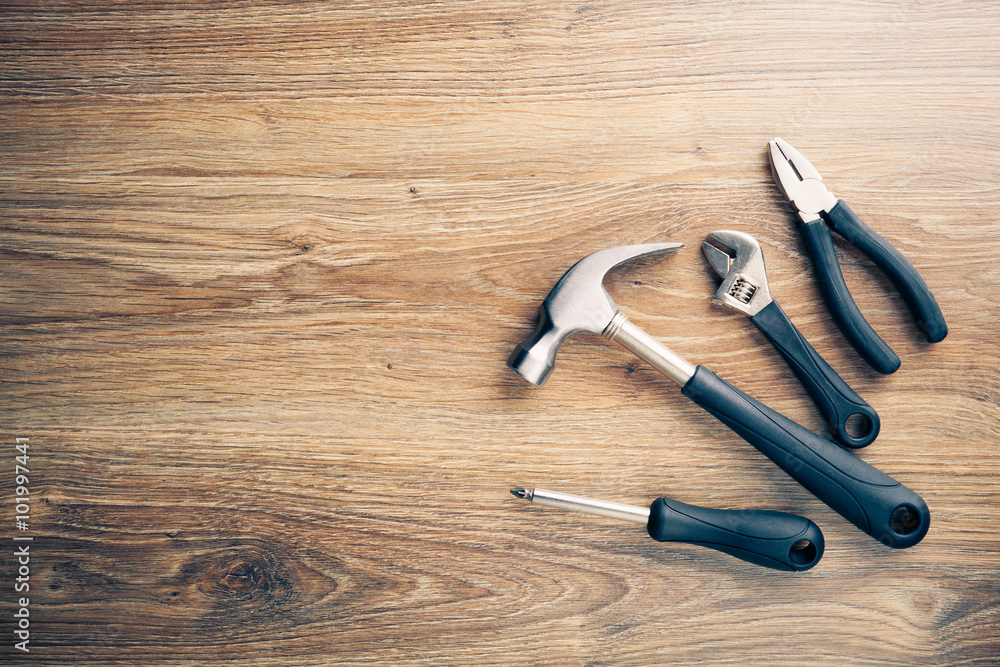 work tools on wooden background work tools on wooden background