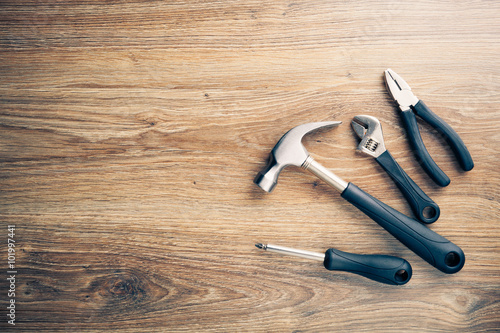 work tools on wooden background