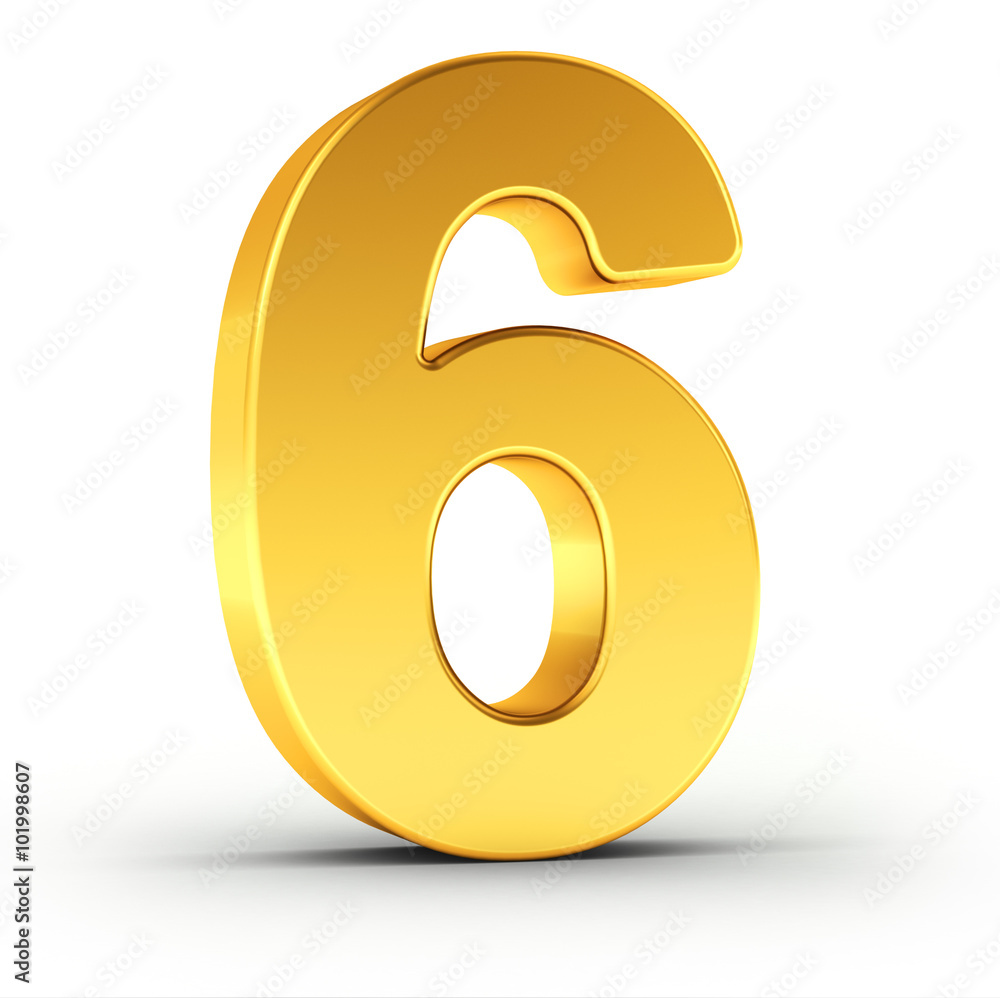 The number six as a polished golden object with clipping path - obrazy, fototapety, plakaty 