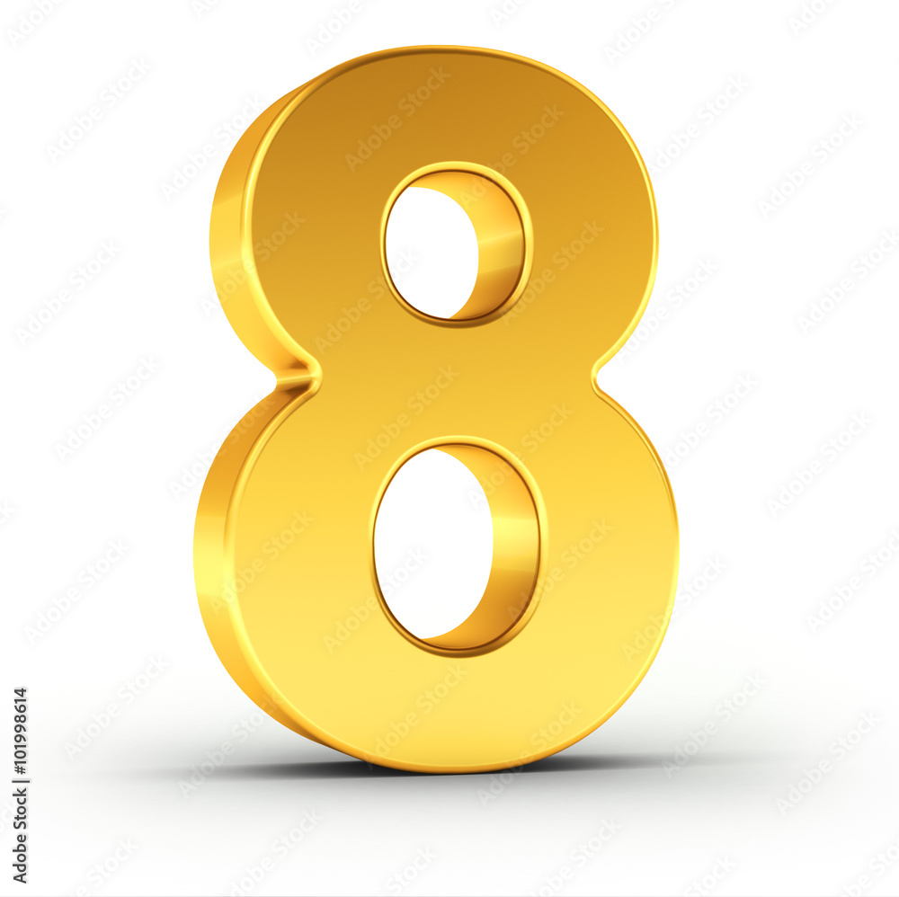The number eight as a polished golden object with clipping path
