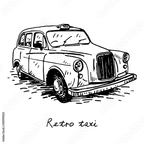 Retro taxi. Vintage transport. Old times. Vector hand drawn sketch.