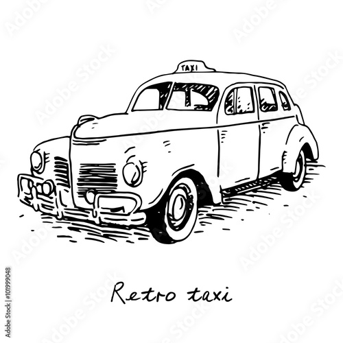 Retro taxi. Vintage transport. Old times. Vector hand drawn sketch.
