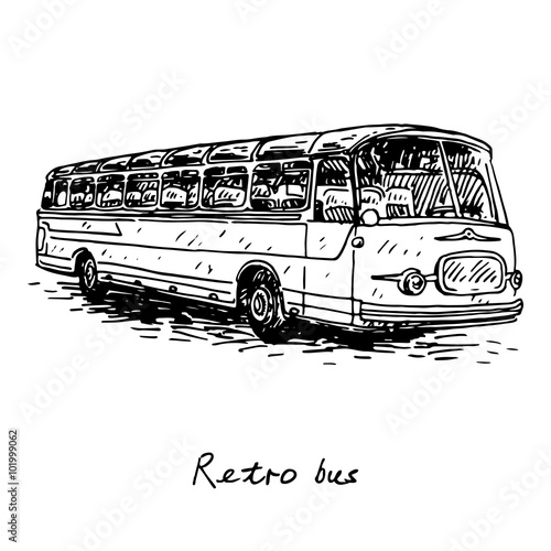 Retro bus. Picture of vintage transport. Old times. Vector hand drawn sketch.